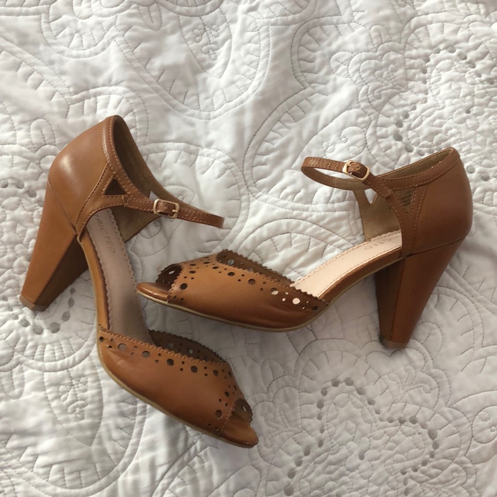 tan leather heels laser cut details restricted